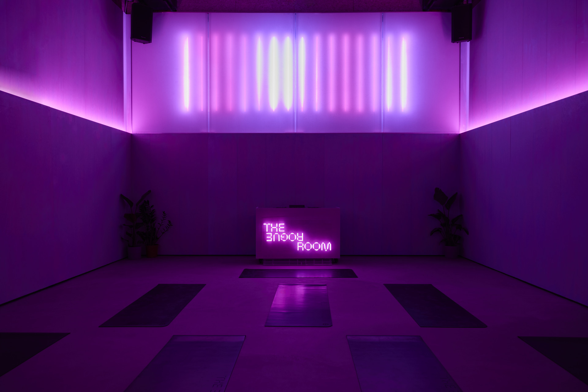 The shala yoga practice space at The Rogue Room, Shoreditch London, plywood finishes with sustainable stain, Studioshaw 2025